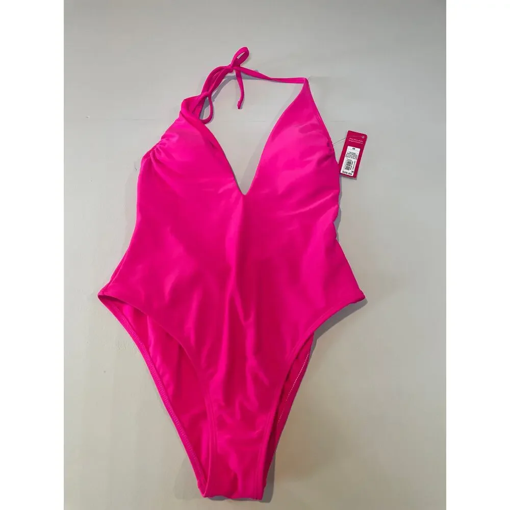 Pink Deep V‑Neck One‑Piece Swimsuit Open Back Size M NWT